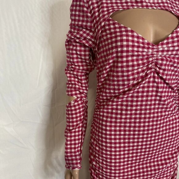 NEW GANNI Women's Seersucker Cut-Out Checked Mini Dress Red/White Size 8 - Picture 9 of 13